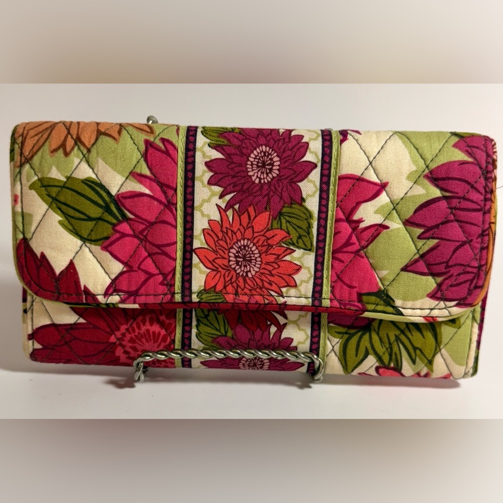 Vera Bradley Carnaby Pink Quilted Wallet Floral & Lime Green Trim